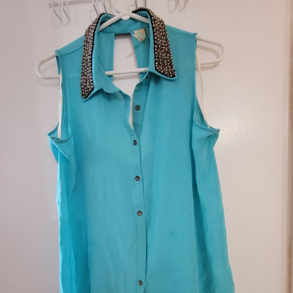 Andree Large women turquoise sheer shirt beadwork on color